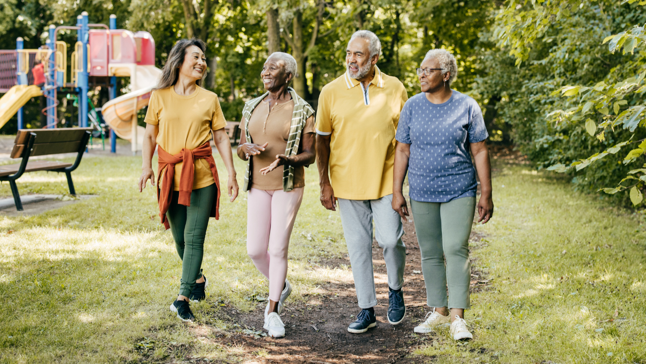 A group of four older adults walk through a park on a sunny day